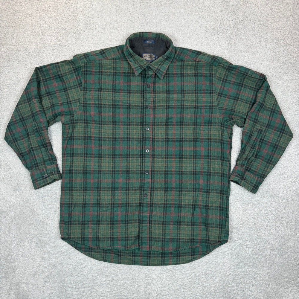 Pendleton Lodge Shirt Mens XL Green Plaid 100% Virgin Wool Button Down Flannel